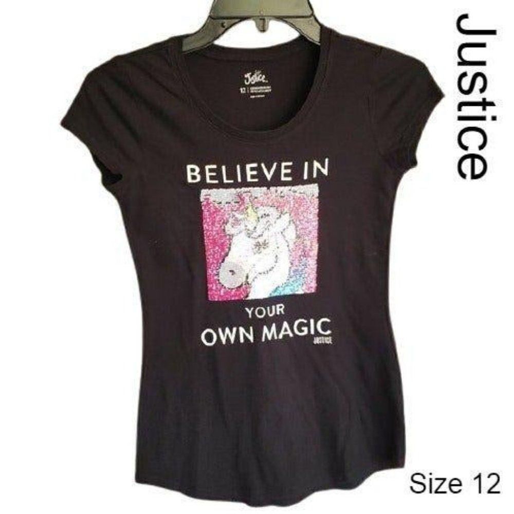 Justice Girl's Short Sleeve Flip Sequin Unicorn Top Believe Size 12 NWOT Clearan